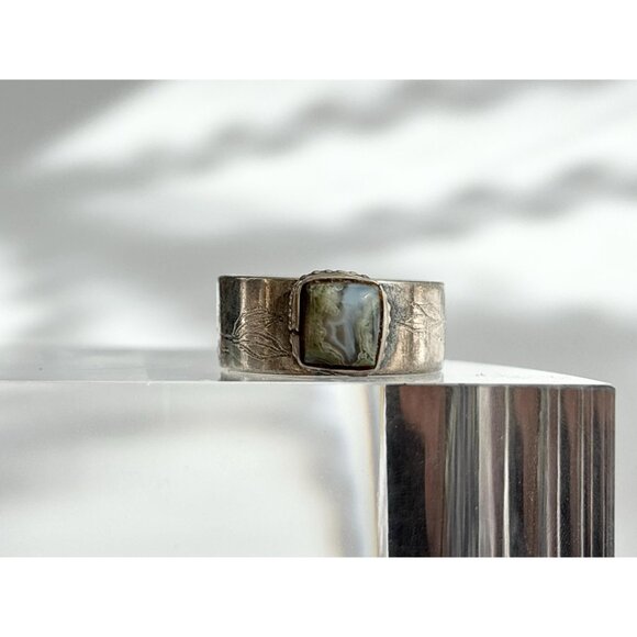 Jasper Gemstone Straight Banded Carved Pewter Statement Vintage Ring - sz 11 - Picture 3 of 13